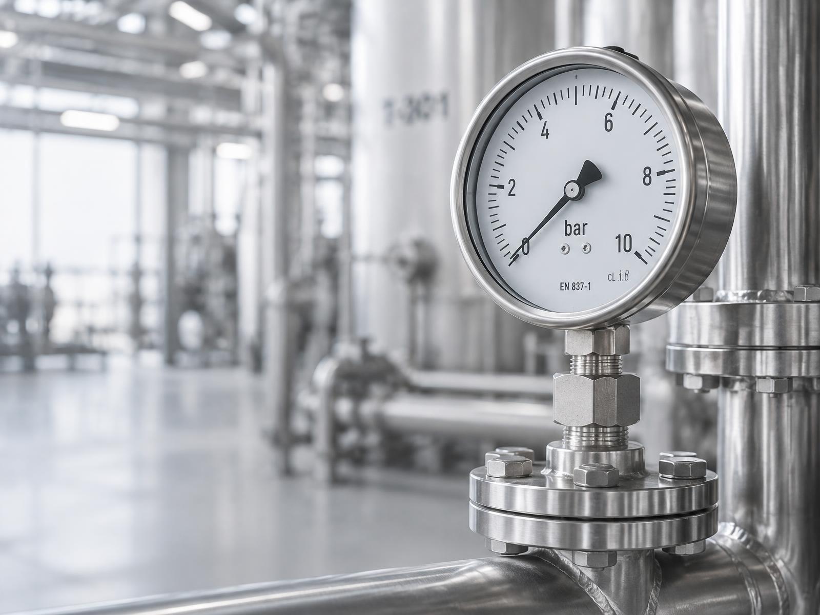 Manômetro em aço inox instalado em tubulação industrial